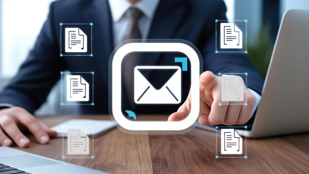 Photo businessman pointing at an email icon surrounded by document icons symbolizing digital communication and document management