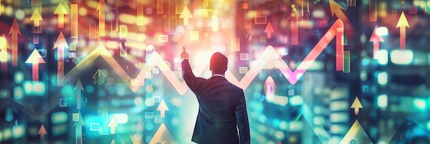 Businessman pointing at financial graphs and upward arrows with city lights in the background