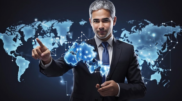 Businessman pointing to global communication on touchscreen