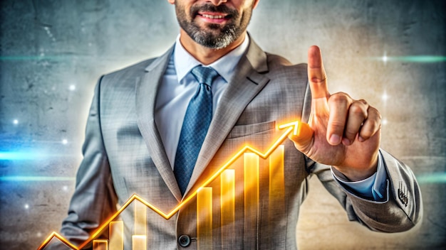 Businessman pointing at a growing graph symbolizing business success financial growth and successful investment strategy