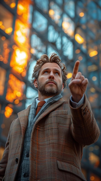 Businessman pointing skyward in a stock photo style standing before a modern office building