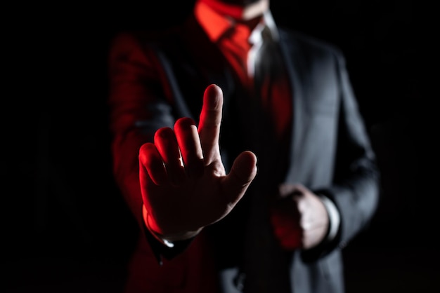 Businessman Pointing With One Finger On Important Message Executive In Suit Presenting Crutial Information Gentleman Showing Critical Announcement