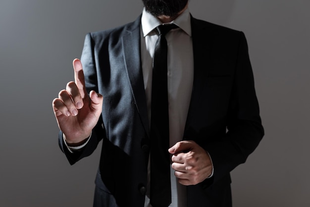 Businessman Pointing With One Finger On Important Messages Executive In Suit Presenting Crutial Informations Gentleman Showing Critical Announcement