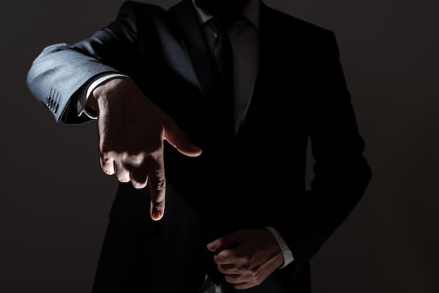 Businessman Pointing With One Finger On Important Messages Executive In Suit Presenting Crutial Informations Gentleman Showing Critical Announcement