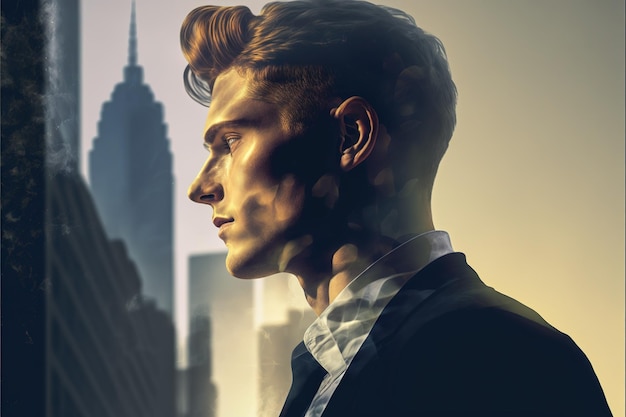 Businessman portrait double exposure with city background