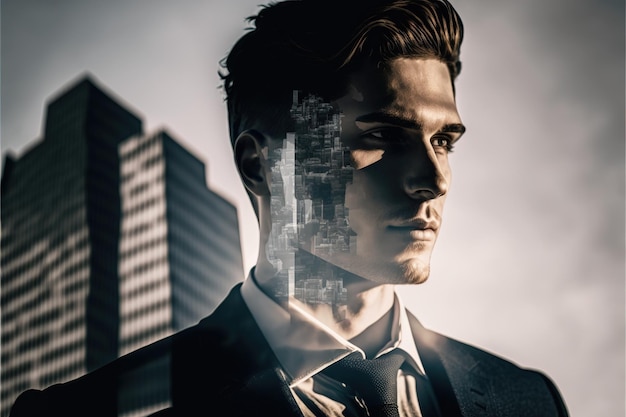 Businessman portrait double exposure with city background