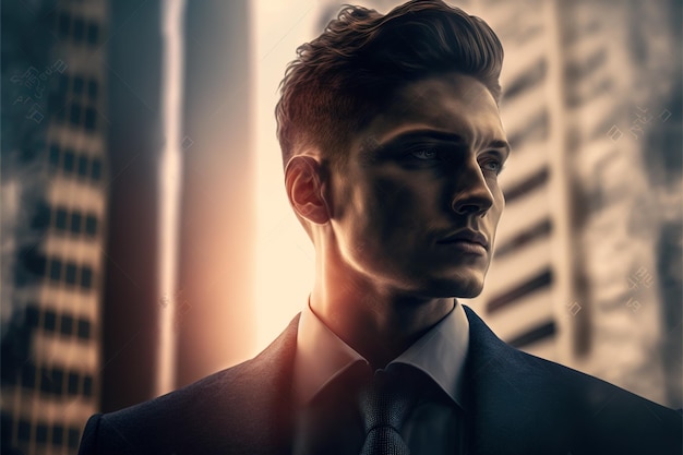 Businessman portrait double exposure with city background