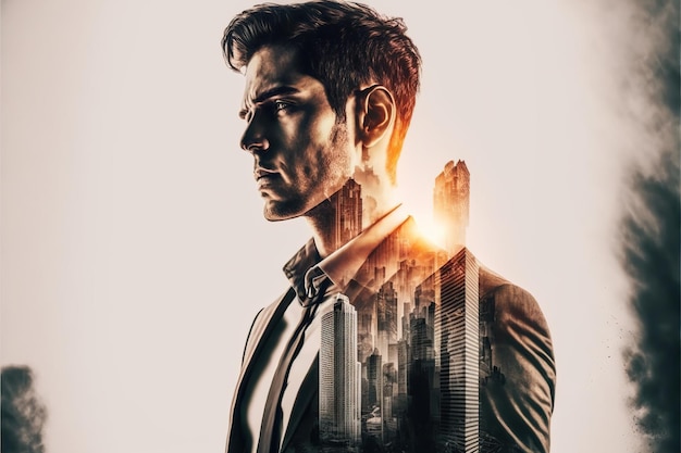 Businessman portrait double exposure with city background