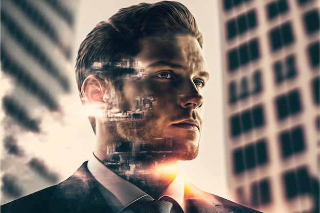 Businessman portrait double exposure with city background