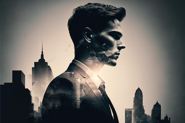 Businessman portrait double exposure with city background