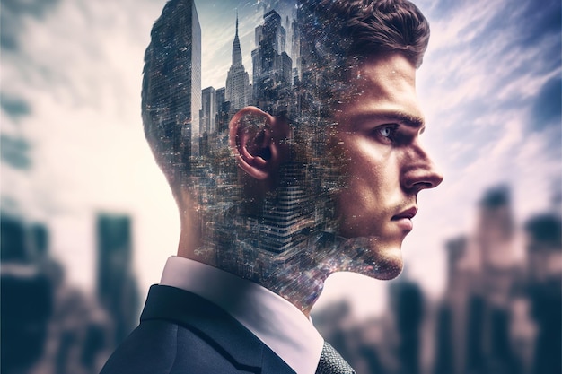 Businessman portrait plan financial strategy with wondrous double exposure city