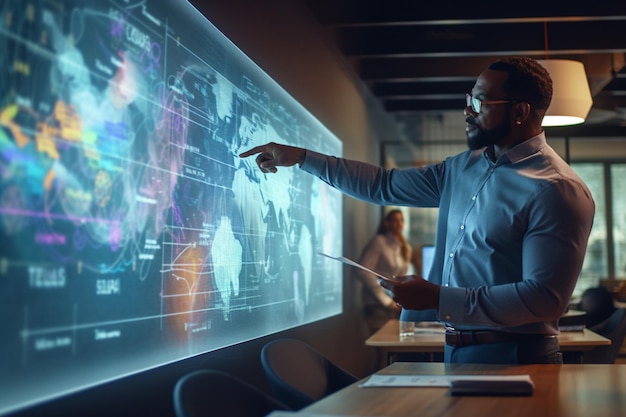 Businessman presenting business plans in digital boardroom with Generative AI