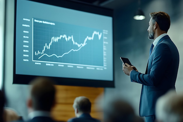 Photo businessman presenting financial data to audience