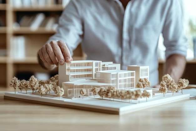 Photo businessman presenting new office complex model on table for real estate development concept