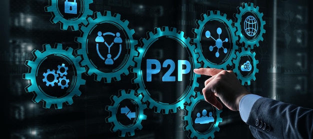 Businessman presses button p2p peertopeer on virtual interface