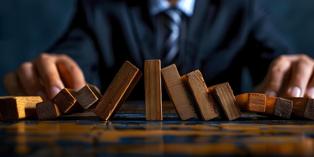 Photo businessman prevents domino effect excels in strategy debt risk management concept risk management business strategy debt management business success preventing domino effect