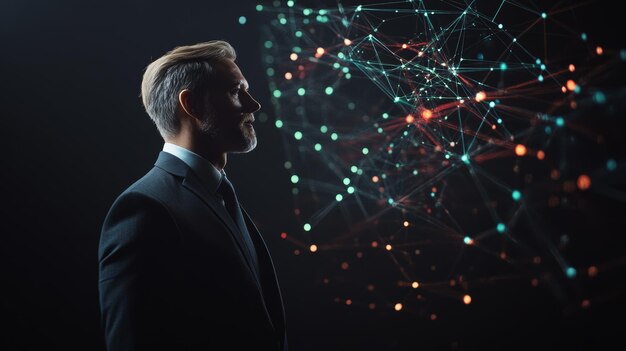 Photo businessman in profile looking at a network of interconnected digital nodes futuristic concept of technology innovation and global connectivity