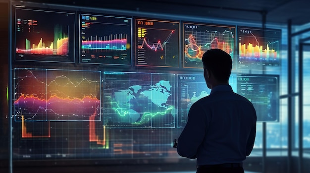 Businessman programmer looks at graphs statistics formulas Generative AI