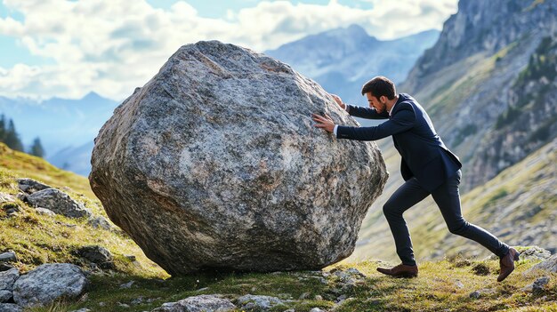 Photo a businessman pushes a large boulder uphill