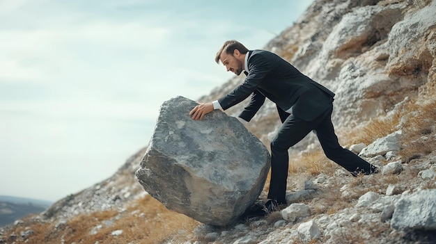 Photo businessman pushing a large boulder uphill