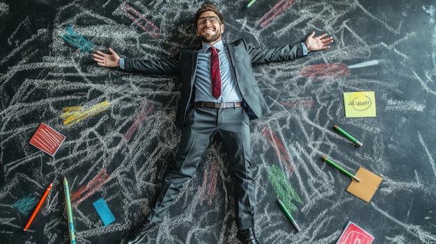 Photo businessman relaxing on chalkboard