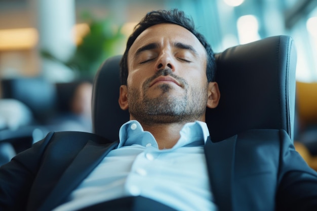 Photo businessman rests with his eyes closed while sitting in a modern office