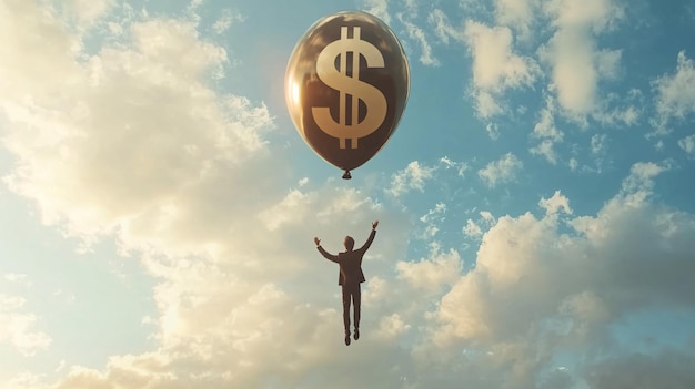 Businessman Rising with Dollar Sign Balloon in Creative 3D Illustration of Wealth and Succ