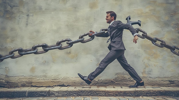 Photo businessman running from anchor and chain symbolizing freedom vs burdens in corporate life