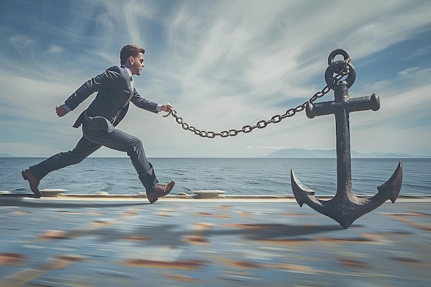 Photo businessman running from anchor and chain symbolizing freedom vs burdens in corporate life