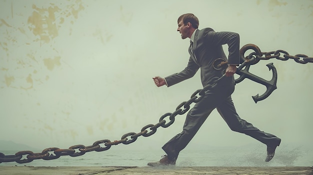 Photo businessman running from anchor and chain symbolizing freedom vs burdens in corporate life