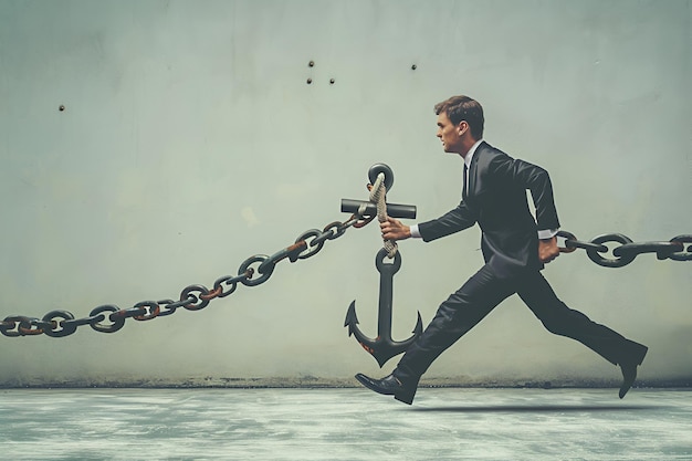 Photo businessman running from anchor and chain symbolizing freedom vs burdens in corporate life