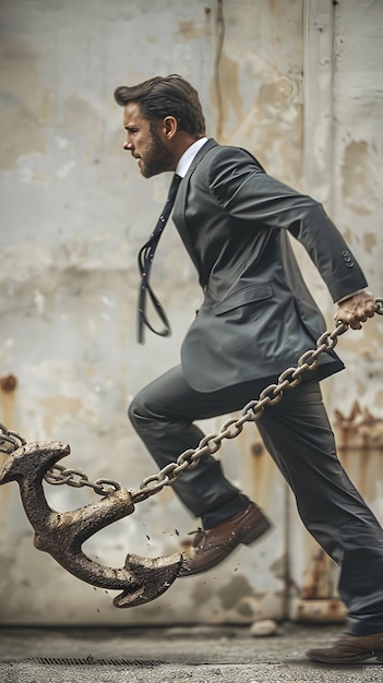 Photo businessman running from anchor and chain symbolizing freedom vs burdens in corporate life