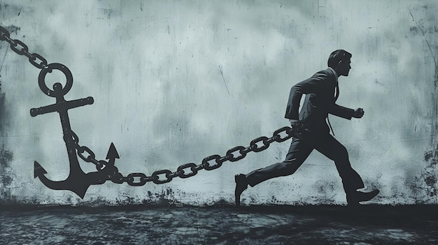 Businessman Running from Anchor and Chain Symbolizing Freedom vs Burdens in Corporate Life