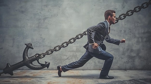 Photo businessman running from anchor and chain symbolizing freedom vs burdens in corporate life