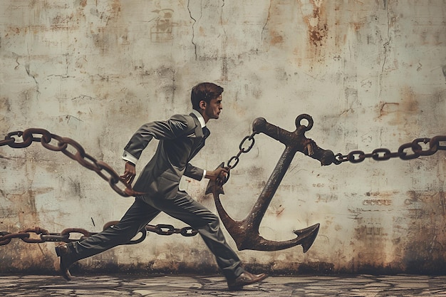 Businessman Running from Anchor and Chain Symbolizing Freedom vs Burdens in Corporate Life