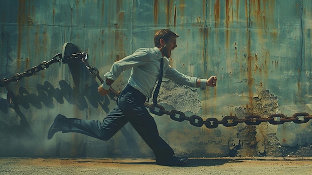 Photo businessman running from anchor and chain symbolizing freedom vs burdens in corporate life