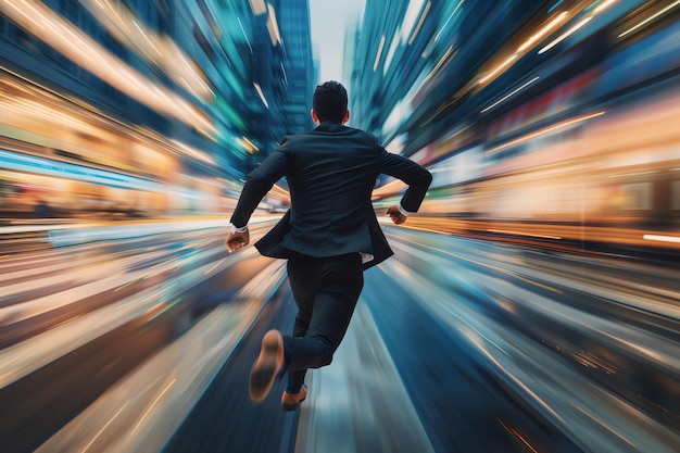 Photo businessman running at high speed through city lights