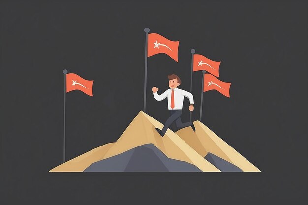 Businessman running to the success flag on top of the mountain symbol of the startup business finance concept