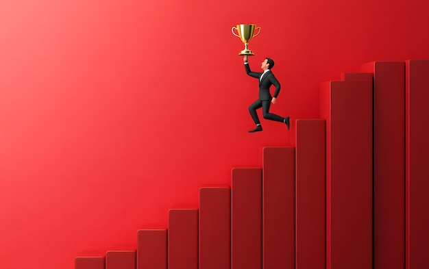 Photo businessman running up stairs with trophy