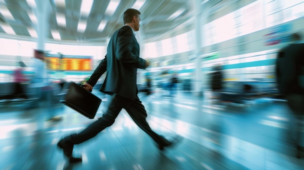 Photo a businessman rushing through an airport terminal briefcase in hand blurred by motion symbolizing the hurried pace of modern travel and business