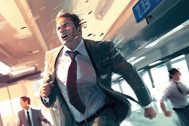 Businessman rushing through airport terminal with his flight about to depart