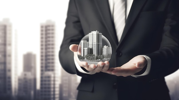 Businessman's hand holding the modern building with glass bubble projection