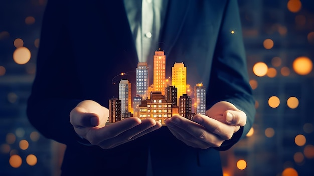 Businessman's hand holding modern city with bright light