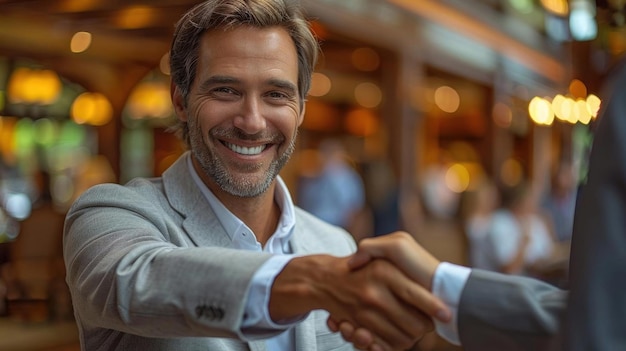 A businessman shaking hands with a client in a corporate setting