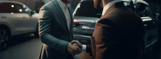 Businessman shaking hands with a customer after signing a contract to buy a car in a car dealershipgenerative ai