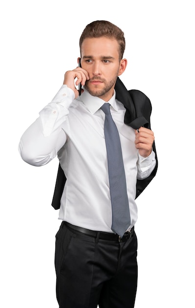 Businessman in shirt and tie with phone isolated over white background