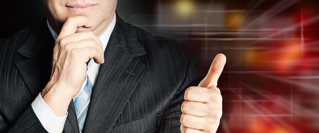 Businessman show thumb up Analysis and Success Concept Human Hands Closeup