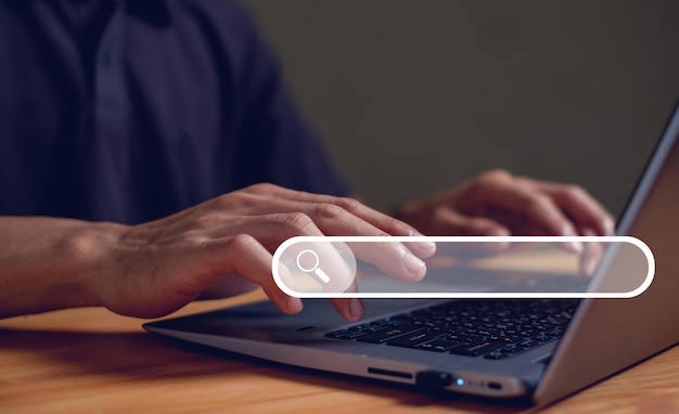 Businessman showing Search Bar On Virtual Screen Data Search Technology Search Engine Optimization