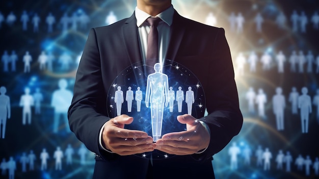 Businessman showing virtual graphic human icon HR human resources recruitment team Staff management business concept Generative AI