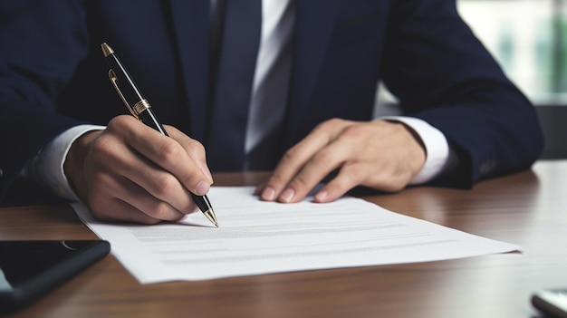 businessman signing contract at desk with pen